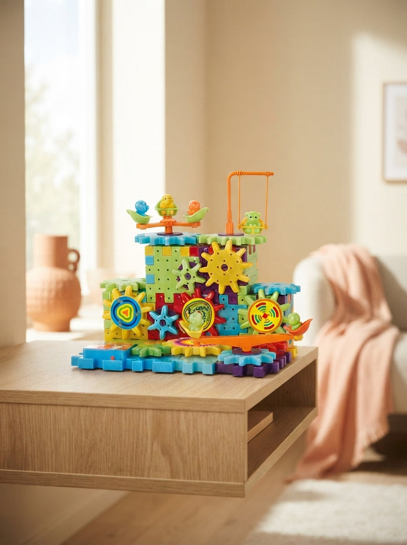 Motorized spinning gear blocks displayed on a low oak shelf in a minimalist, sunlit living room.