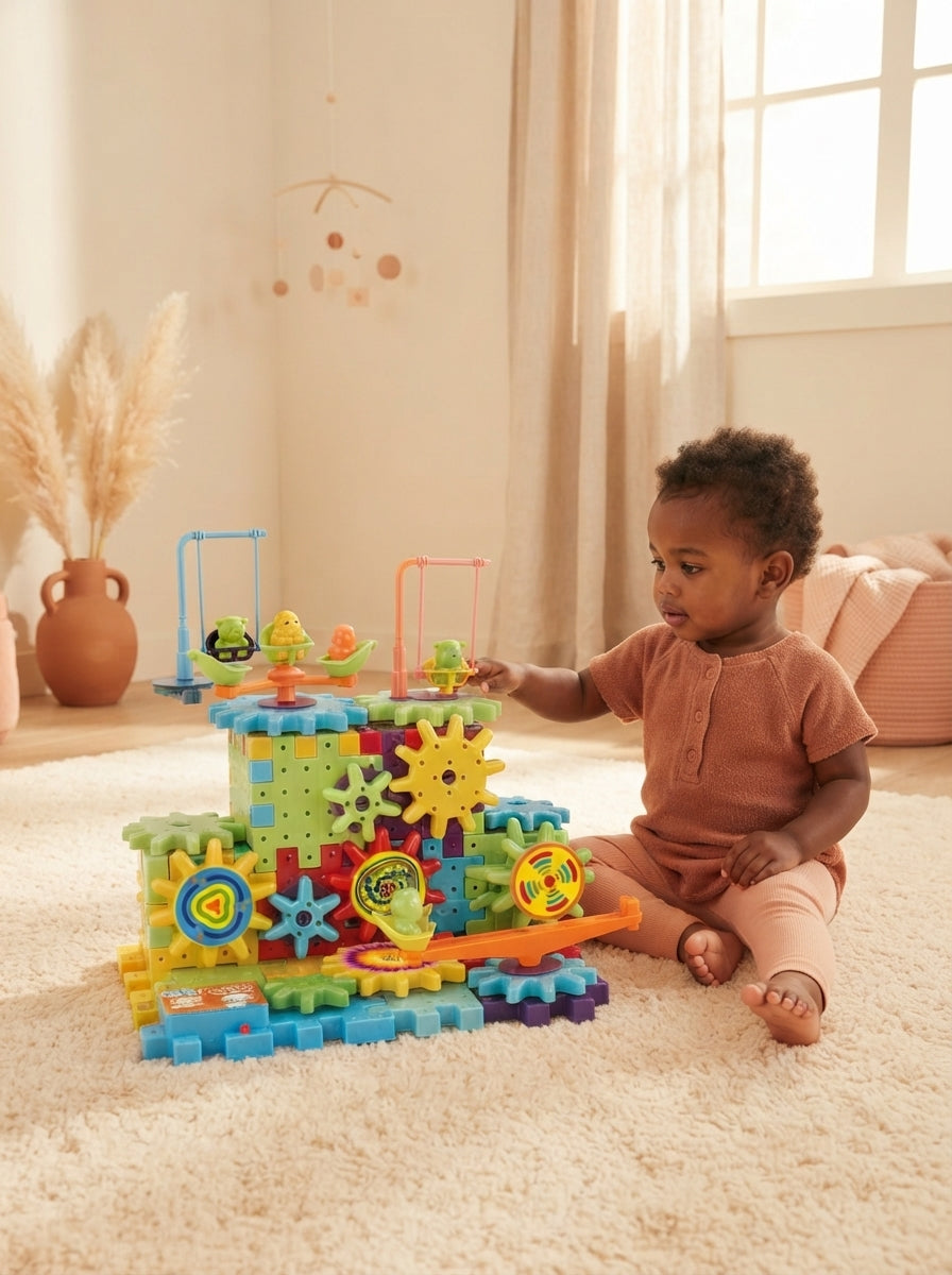 A toddler plays with motorized spinning gear blocks in a sunlit, minimalist nursery with terracotta and cream decor.